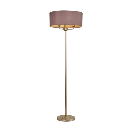 Banyan 3 Light E14 Floor Lamp with taupe faux silk drum shade, gold-lined interior, and champagne gold stem and round base, shown on a plain white background.