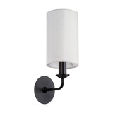 Banyan E14 wall light, 35.5cm high, with a white cylindrical fabric shade on a matt black arm and round backplate, shown against a plain white background.