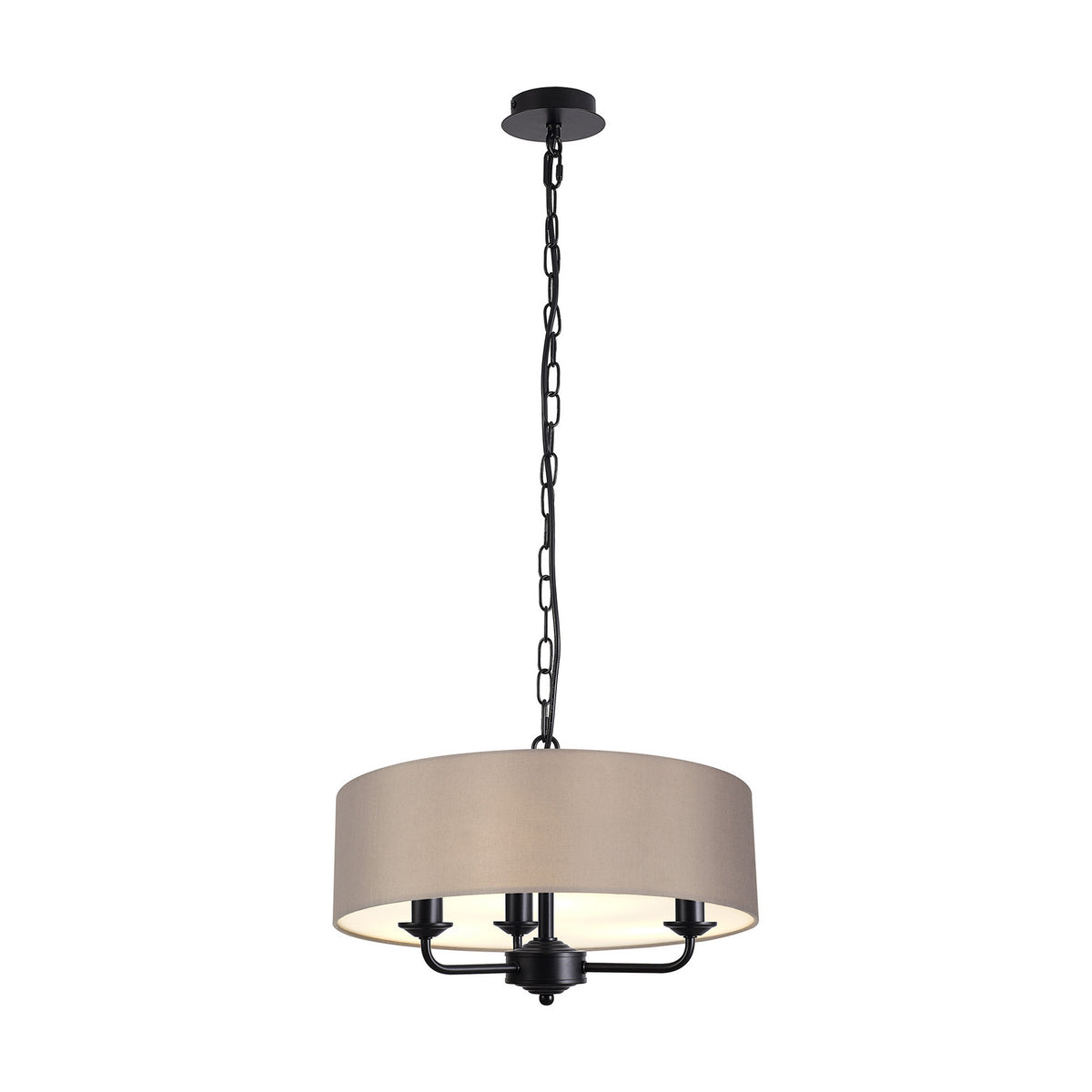 Banyan 3 Light E14 pendant light with a 45cm grey fabric drum shade on a matt black iron multi-arm frame and chain suspension, shown on a plain white background.