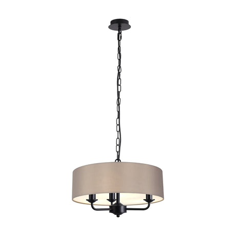 Banyan 3 Light E14 pendant light with a 45cm grey fabric drum shade on a matt black iron multi-arm frame and chain suspension, shown on a plain white background.