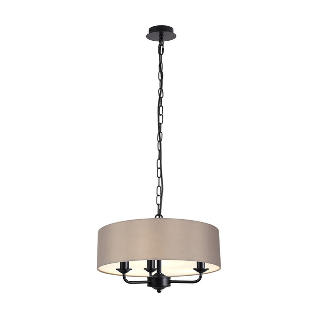 Banyan 3 Light E14 pendant light with a 45cm grey fabric drum shade on a matt black iron multi-arm frame and chain suspension, shown on a plain white background.
