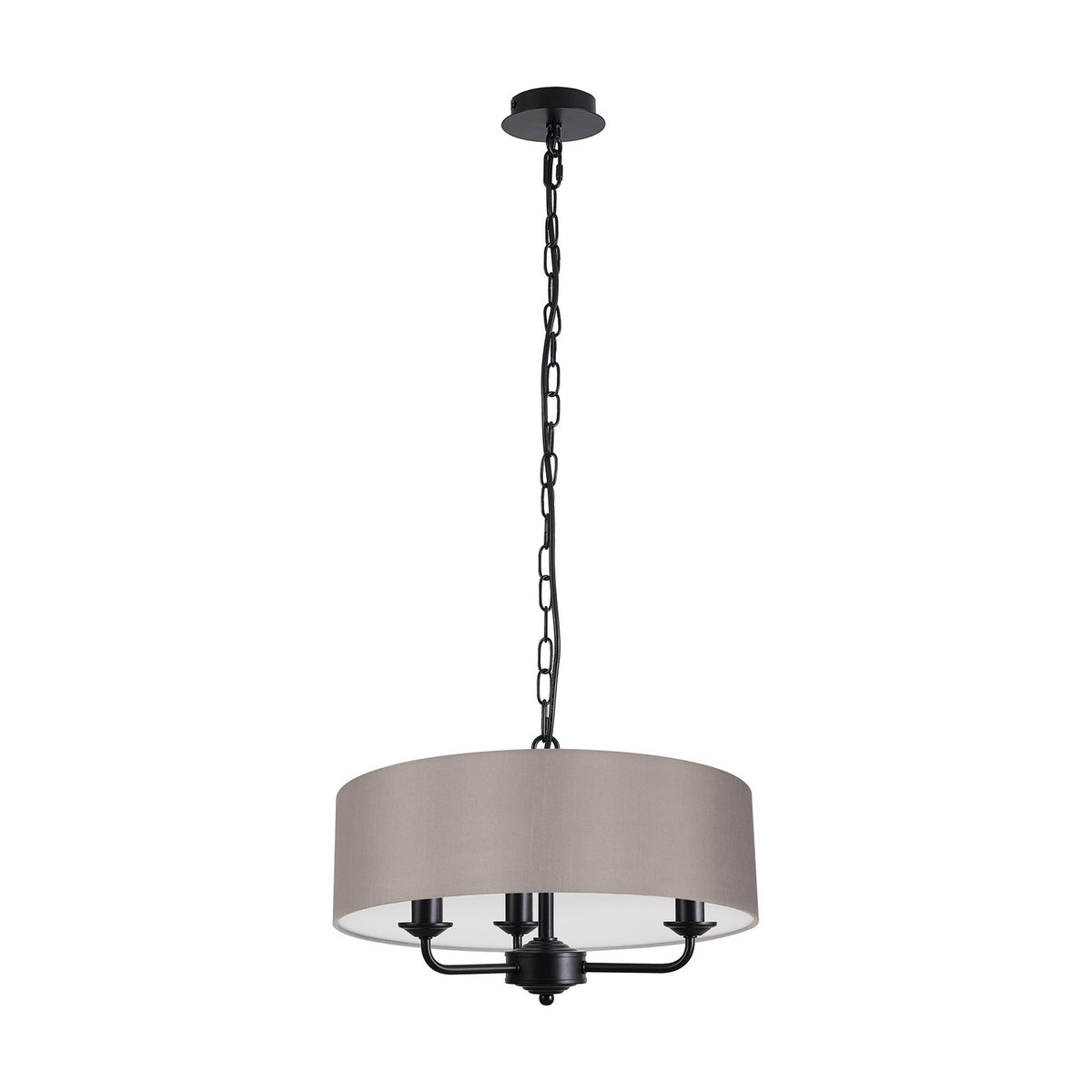Banyan 3 Light E14 Iron Pendant Light: matt black multi-arm frame with three candle lamps beneath a wide grey fabric drum shade, 45cm, on a plain white background.