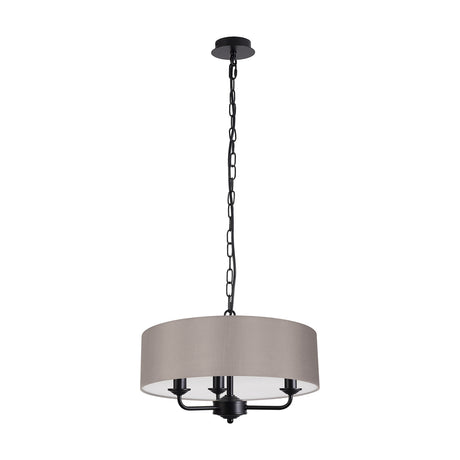 Banyan 3 Light E14 Iron Pendant Light: matt black multi-arm frame with three candle lamps beneath a wide grey fabric drum shade, 45cm, on a plain white background.