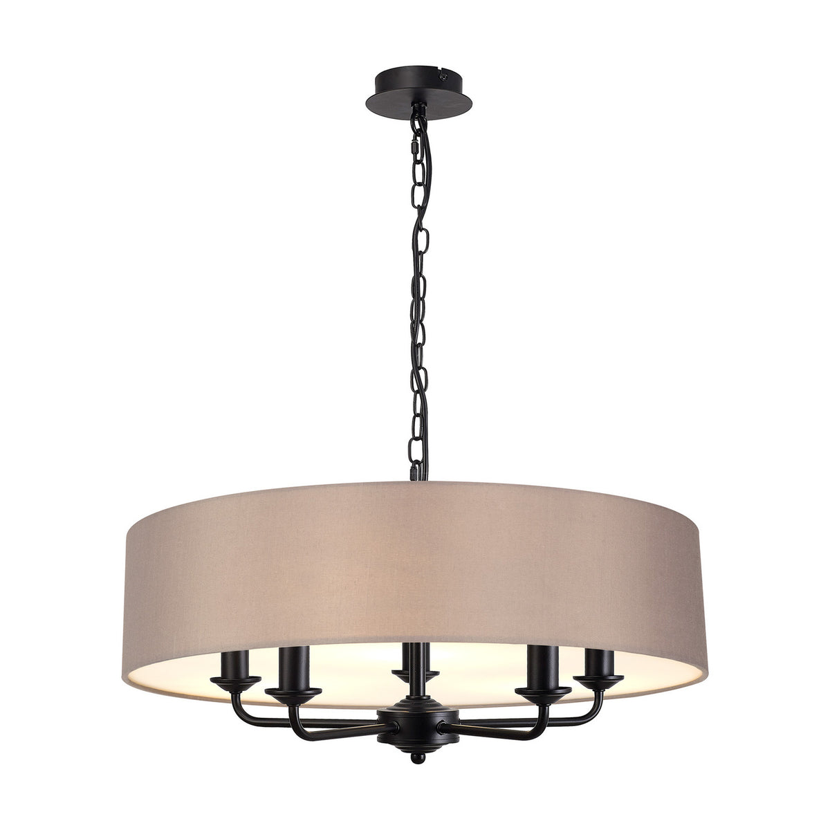 Banyan 5 Light E14 Pendant Light with a 60cm grey fabric drum shade and matt black multi-arm frame, shown on a white background.