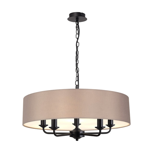 Banyan 5 Light E14 Pendant Light with a 60cm grey fabric drum shade and matt black multi-arm frame, shown on a white background.