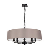 Banyan 5 Light E14 Pendant Light, 60cm grey fabric drum shade on a matt black multi-arm frame with hanging chain, shown on a plain white background.