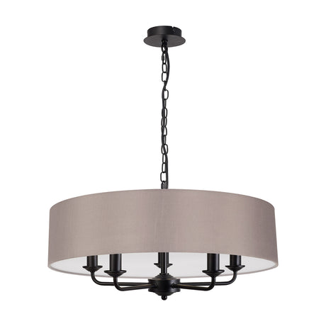 Banyan 5 Light E14 Pendant Light, 60cm grey fabric drum shade on a matt black multi-arm frame with hanging chain, shown on a plain white background.