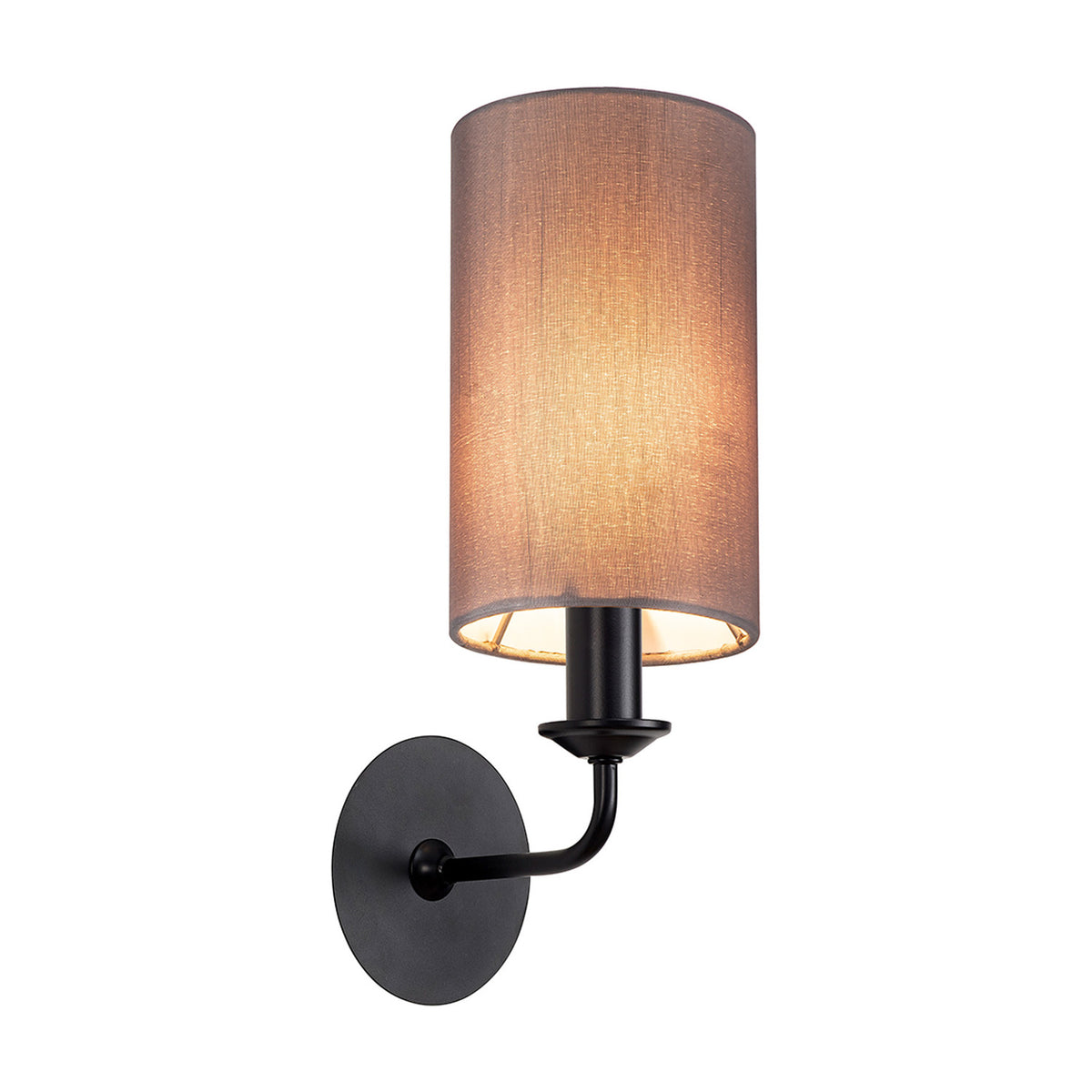 Banyan E14 wall light with a matt black round backplate and curved arm holding a single candle fitting under a cylindrical grey fabric shade, shown on a plain white background.