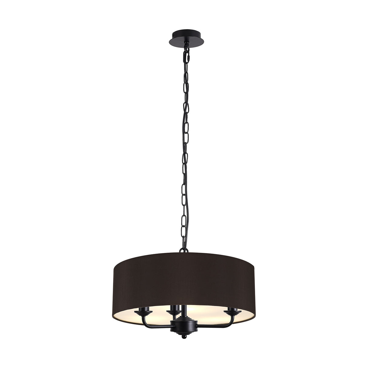 Banyan 3 Light Pendant Light with a matt black frame and three candle arms beneath a 45cm black fabric drum shade, suspended from a black chain on a plain white background.