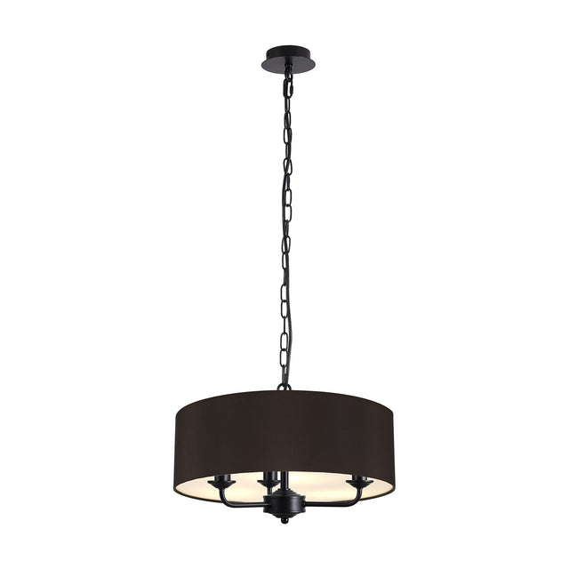 Banyan 3 Light Pendant Light with a matt black frame and three candle arms beneath a 45cm black fabric drum shade, suspended from a black chain on a plain white background.