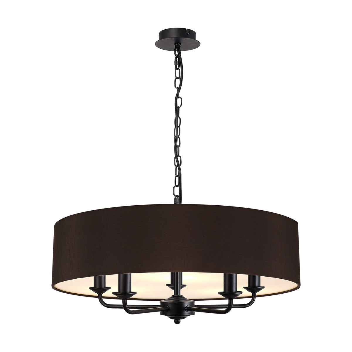 Banyan 5 Light E14 Pendant Light in matt black, featuring a wide 60cm drum shade with white interior lining and five candle-style arms, suspended by a black chain on a plain white background.
