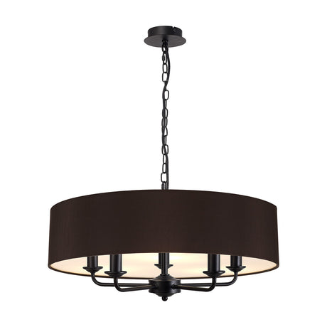 Banyan 5 Light E14 Pendant Light in matt black, featuring a wide 60cm drum shade with white interior lining and five candle-style arms, suspended by a black chain on a plain white background.