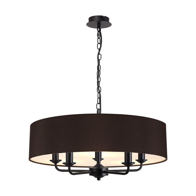 Banyan 5 Light E14 Pendant Light in matt black, featuring a wide 60cm drum shade with white interior lining and five candle-style arms, suspended by a black chain on a plain white background.
