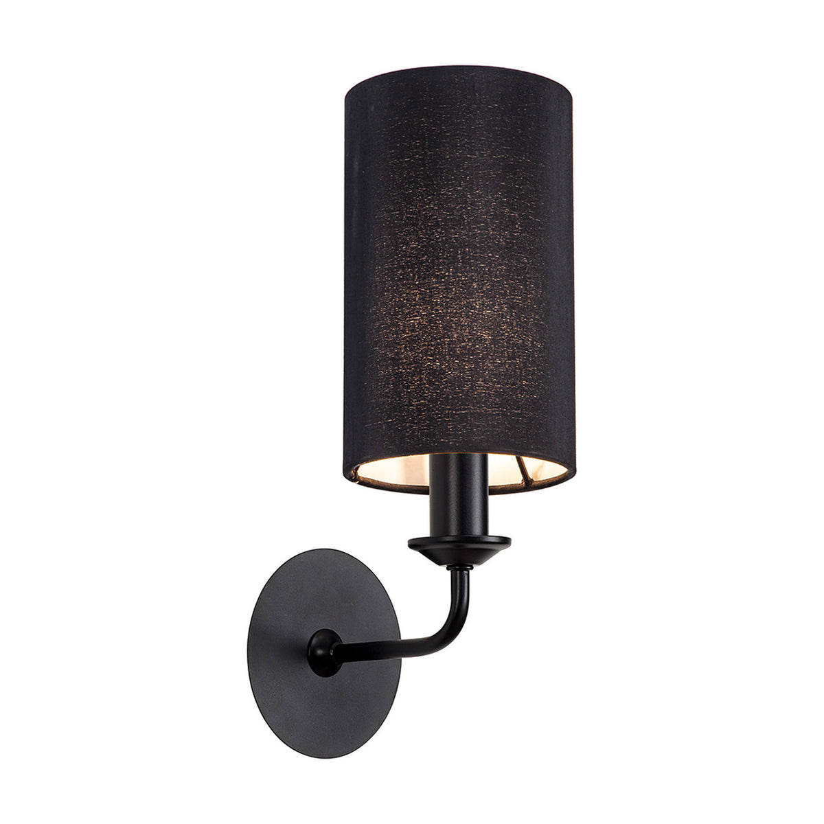 Banyan E14 wall light, 35.5cm high, with a black cylindrical fabric shade on a matt black curved arm and round wall backplate, shown on a plain white background.