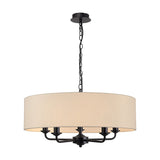 Banyan 5 Light E14 Pendant Light in Matt Black, featuring five arms beneath a wide 60cm ivory pearl fabric drum shade, hung from a black chain on a plain white background.
