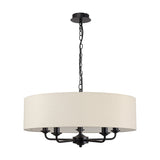 Banyan 5 Light E14 Pendant Light, 60cm ivory pearl drum fabric shade on a matt black frame with five curved arms and chain suspension, shown on a plain white background.