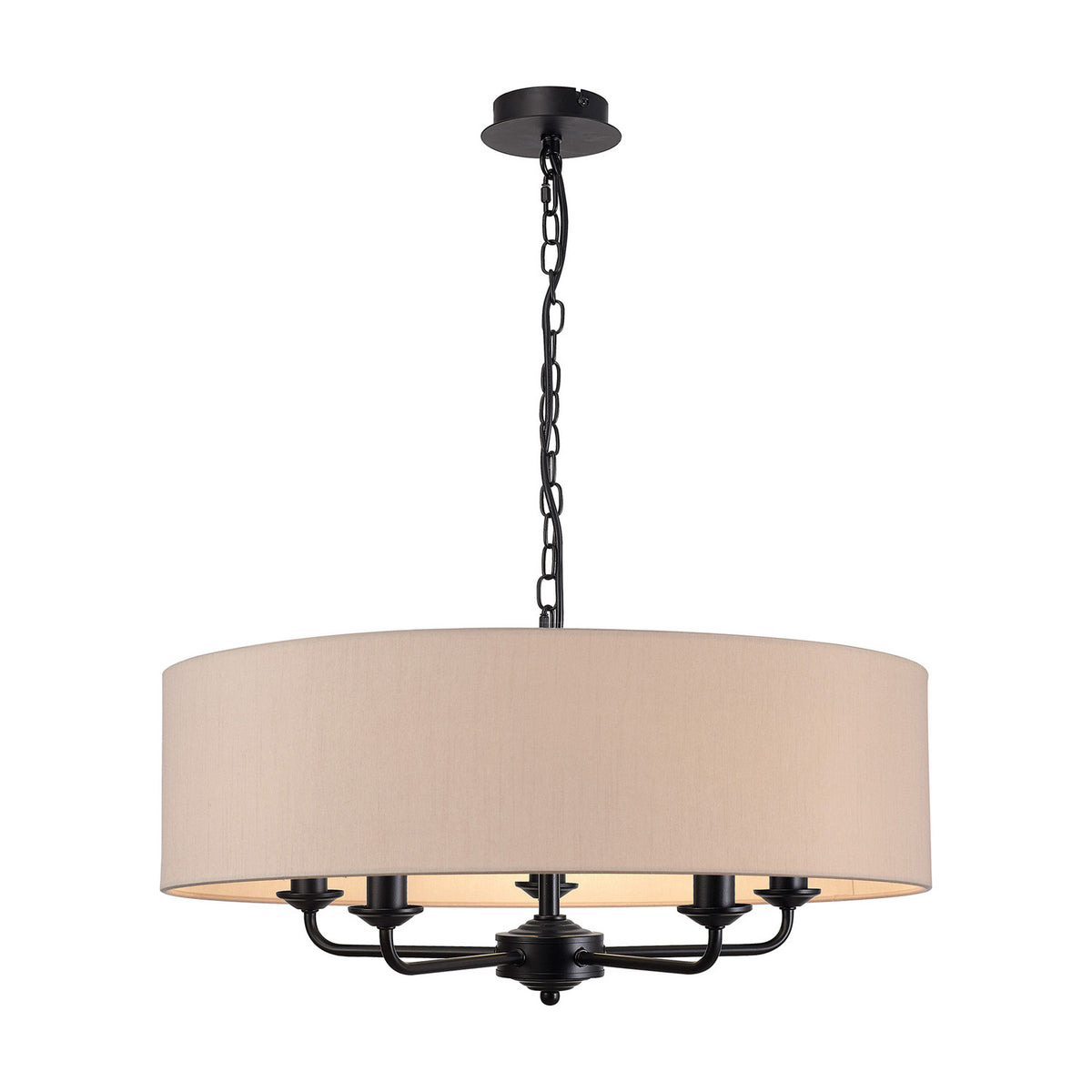 Banyan 5 Light E14 Pendant Light, 60cm nude beige fabric drum shade on a matt black five-arm frame with candle-style lamps, shown on a plain white background.