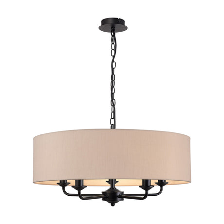 Banyan 5 Light E14 Pendant Light, 60cm nude beige fabric drum shade on a matt black five-arm frame with candle-style lamps, shown on a plain white background.