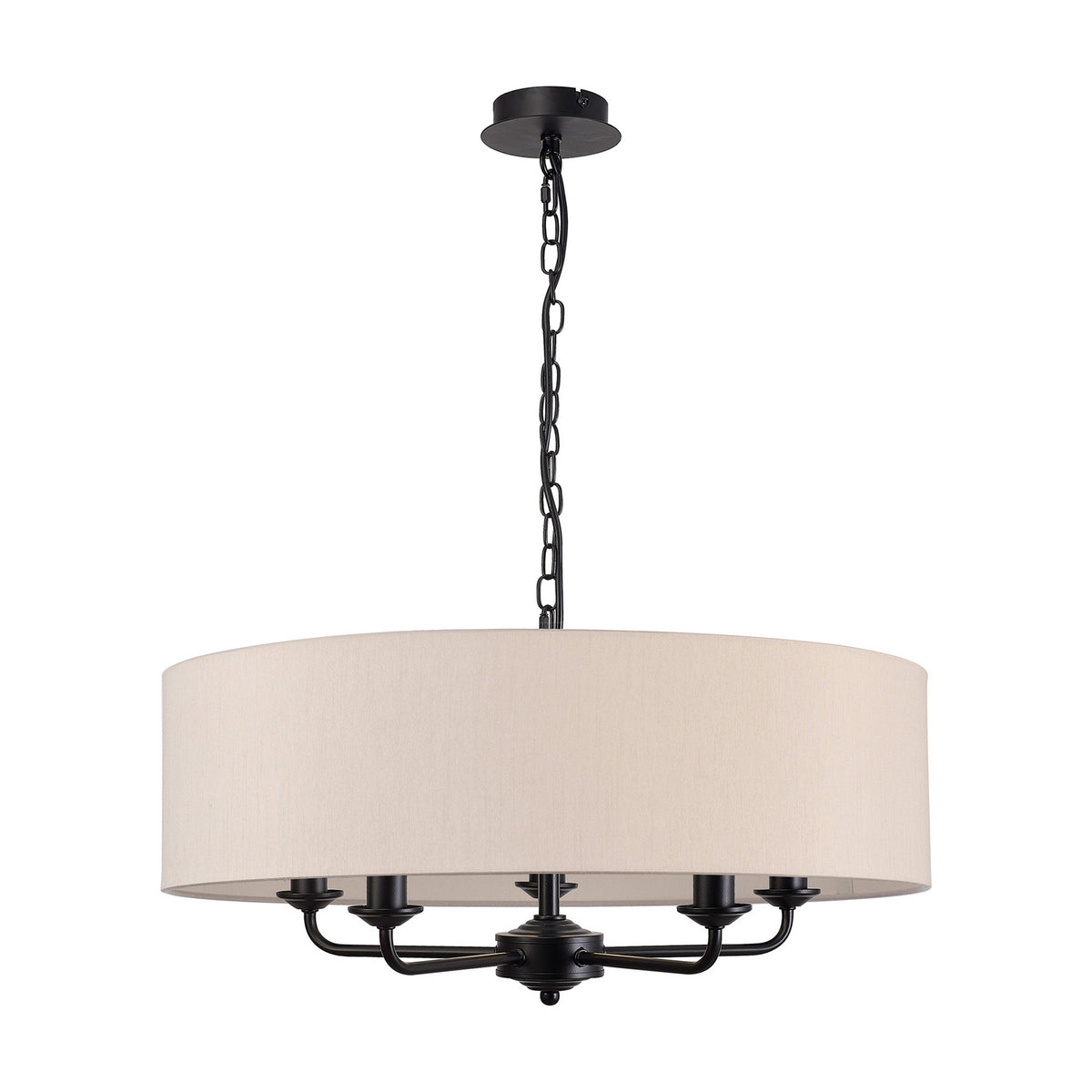 Banyan 5 Light E14 Pendant Light, 60cm nude beige fabric drum shade on a matt black five-arm frame with chain suspension, shown on a plain white background.
