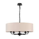 Banyan 5 Light E14 Pendant Light, 60cm nude beige fabric drum shade on a matt black five-arm frame with chain suspension, shown on a plain white background.