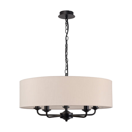 Banyan 5 Light E14 Pendant Light, 60cm nude beige fabric drum shade on a matt black five-arm frame with chain suspension, shown on a plain white background.