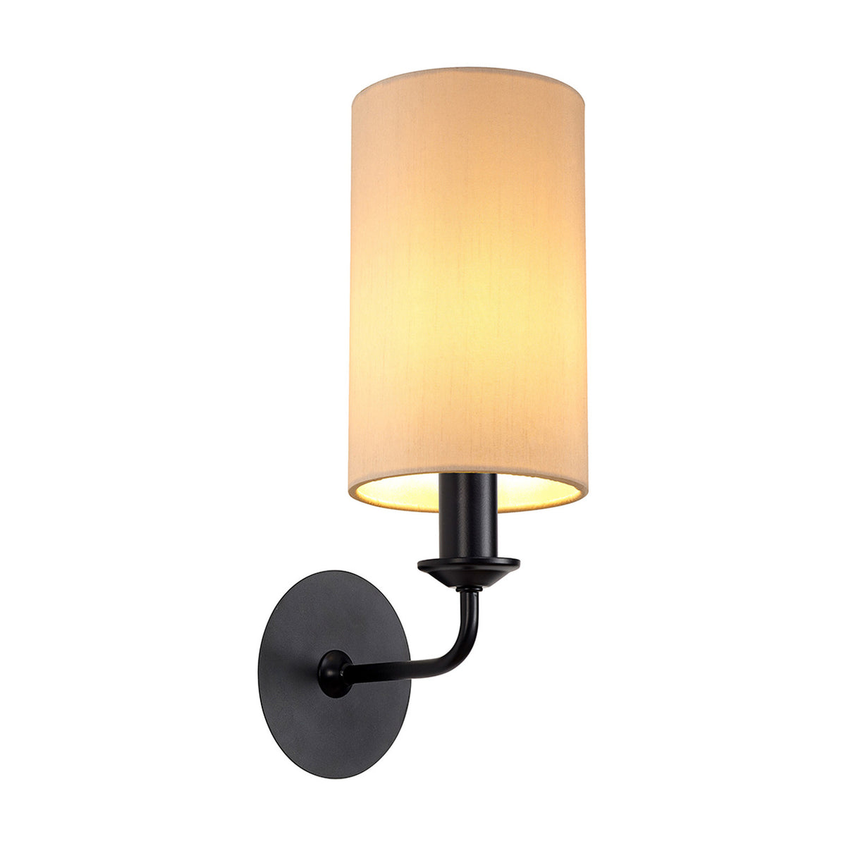 Banyan E14 wall light with a tall nude beige fabric drum shade on a matt black bracket and round wall plate, shown lit against a plain white background.