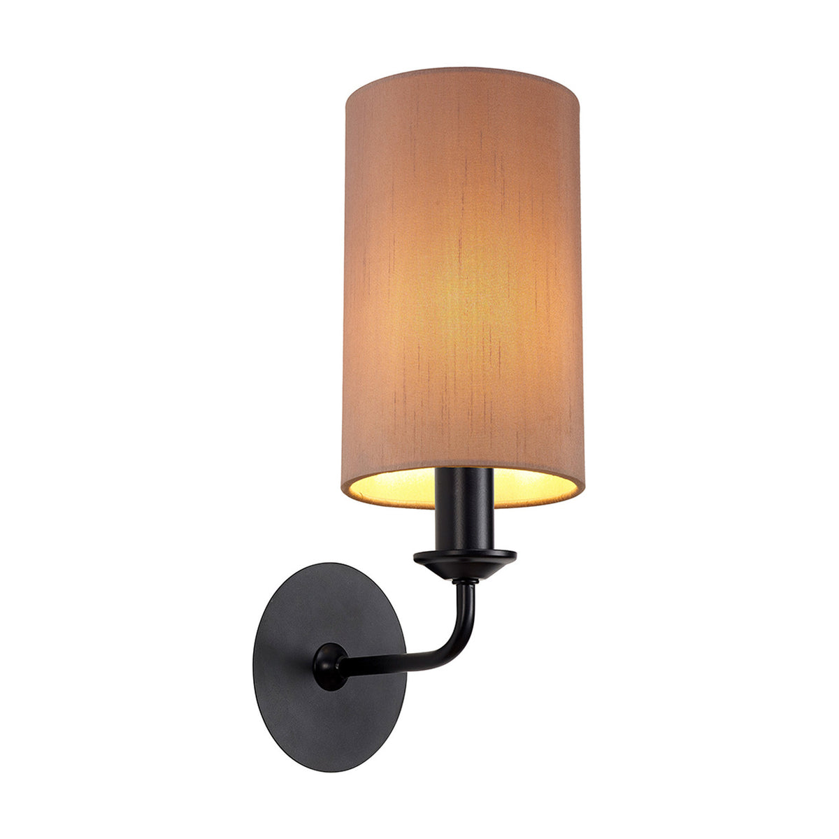Banyan E14 wall light with a taupe faux silk cylindrical shade lined in gold, mounted on matt black curved metalwork with a round wall backplate, shown on a plain white background.