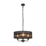Banyan 3 Light E14 Pendant Light 45cm in matt black, featuring a wide sheer fabric drum shade over three candle-style arms on a chain suspension, shown on a plain white background.
