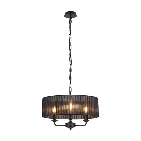 Banyan 3 Light E14 Pendant Light 45cm in matt black, featuring a wide sheer fabric drum shade over three candle-style arms on a chain suspension, shown on a plain white background.