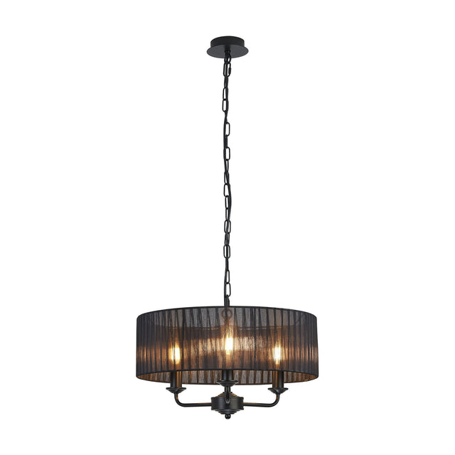 Banyan 3 Light E14 Pendant Light 45cm in matt black, featuring a wide sheer fabric drum shade over three candle-style arms on a chain suspension, shown on a plain white background.