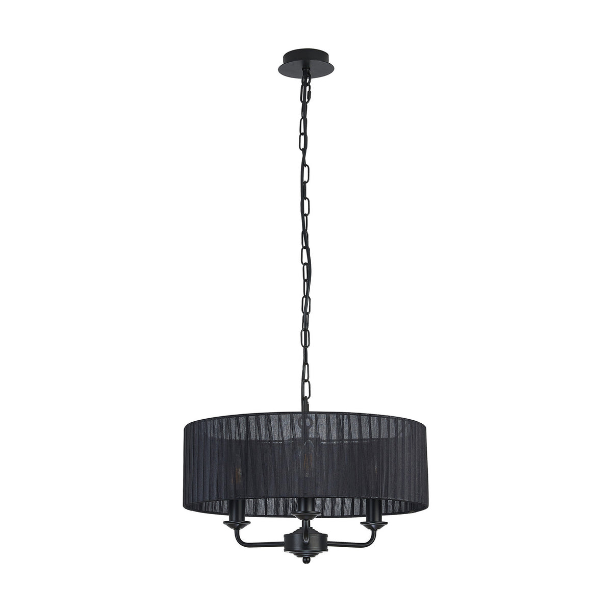 Banyan 3 Light E14 pendant light in matt black, featuring a 45cm sheer organza drum shade over three candle-style arms on a black chain, shown on a plain white background.