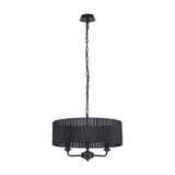 Banyan 3 Light E14 pendant light in matt black, featuring a 45cm sheer organza drum shade over three candle-style arms on a black chain, shown on a plain white background.