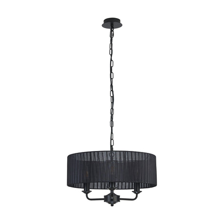 Banyan 3 Light E14 pendant light in matt black, featuring a 45cm sheer organza drum shade over three candle-style arms on a black chain, shown on a plain white background.
