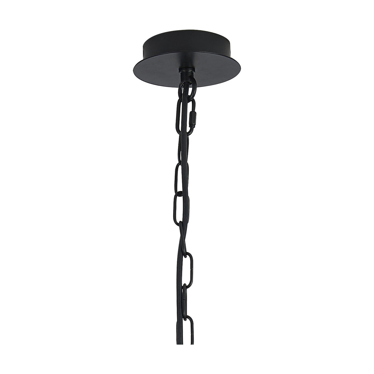 Banyan 3 Light E14 Pendant Light in matt black, close-up of the ceiling rose and looped chain suspension against a plain white background.