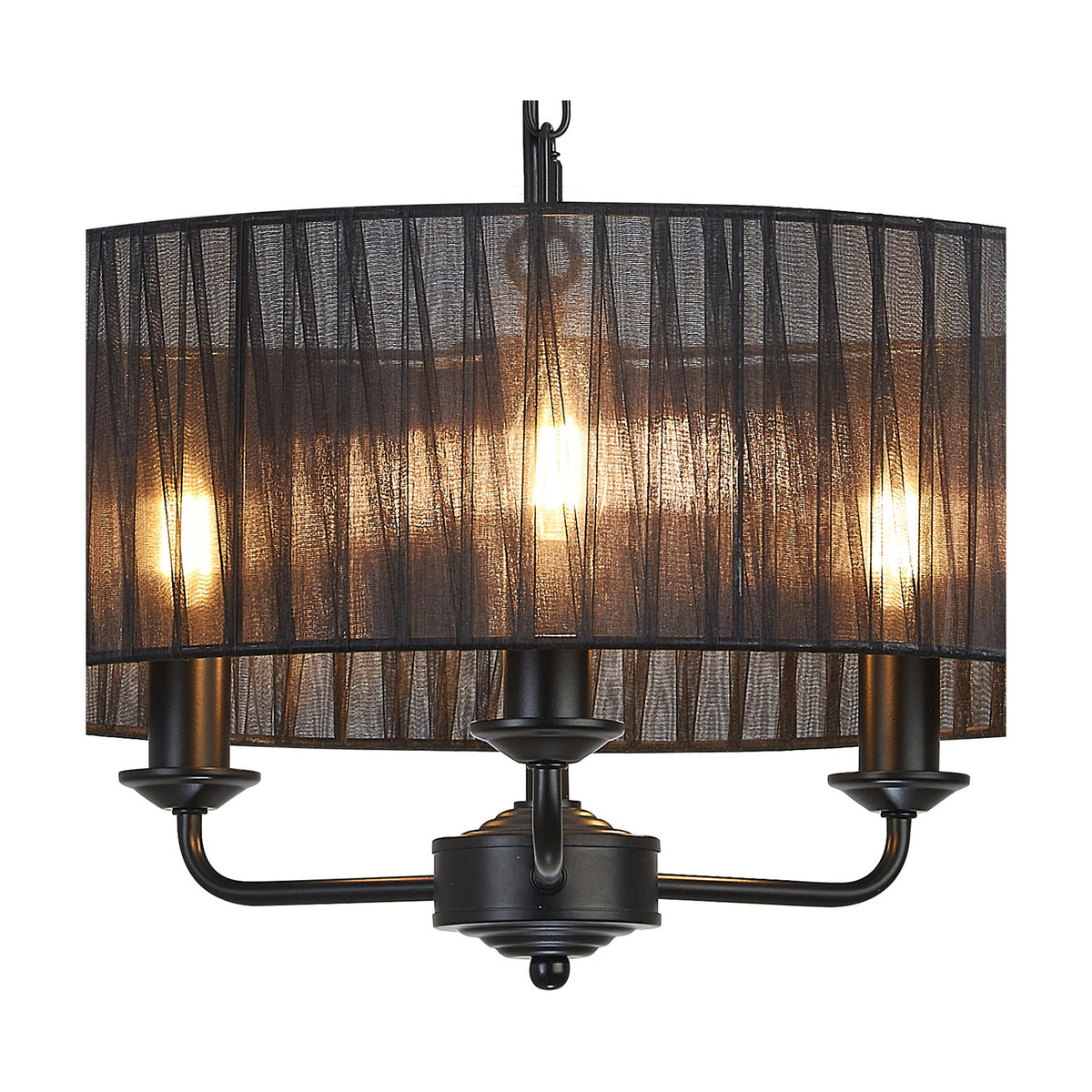 Banyan 3 Light E14 Pendant Light in matt black, 45cm sheer organza drum shade with three arms and candle-style sockets, shown lit on a white background.