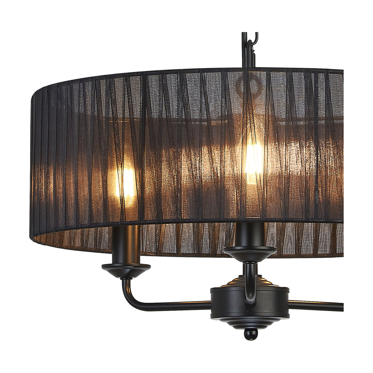 Close-up of the Banyan 3 Light E14 Pendant Light in matt black, showing candle-style arms beneath a sheer 45cm organza drum shade with visible bulbs, on a plain white background.
