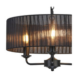 Close-up of the Banyan 3 Light E14 Pendant Light in matt black, showing candle-style arms beneath a sheer 45cm organza drum shade with visible bulbs, on a plain white background.