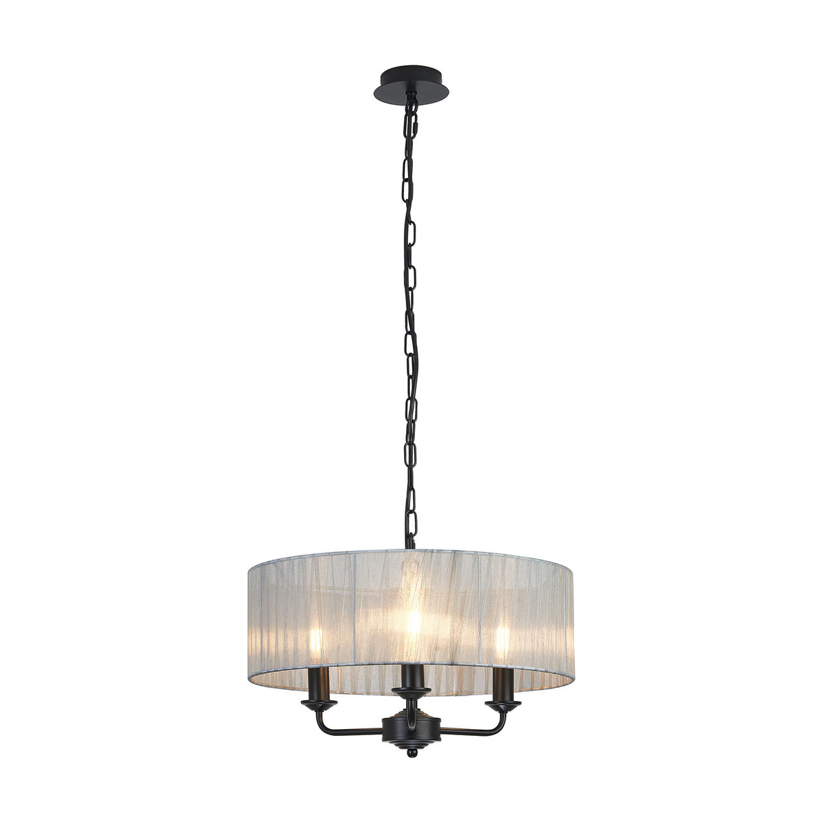 Banyan 3 Light E14 Pendant Light, matt black frame with a 45cm grey organza drum shade and three candle lamps, shown on a plain white background.