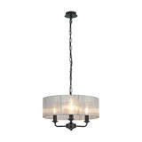 Banyan 3 Light E14 Pendant Light, matt black frame with a 45cm grey organza drum shade and three candle lamps, shown on a plain white background.
