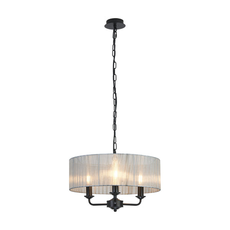 Banyan 3 Light E14 Pendant Light, matt black frame with a 45cm grey organza drum shade and three candle lamps, shown on a plain white background.