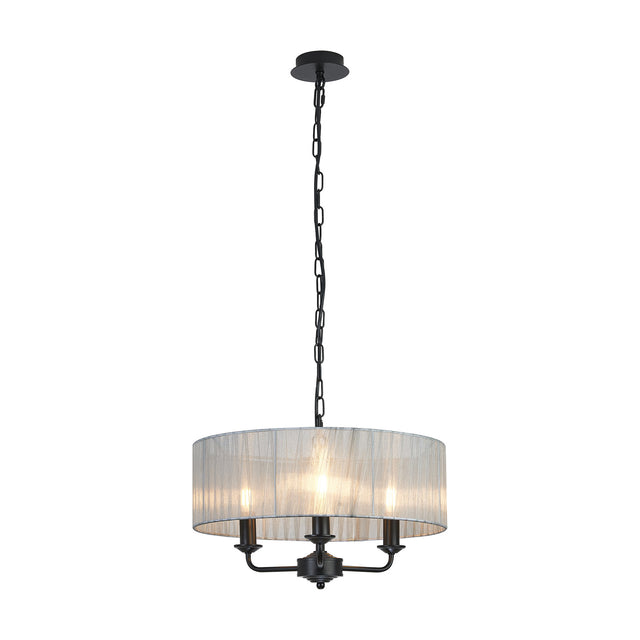 Banyan 3 Light E14 Pendant Light, matt black frame with a 45cm grey organza drum shade and three candle lamps, shown on a plain white background.