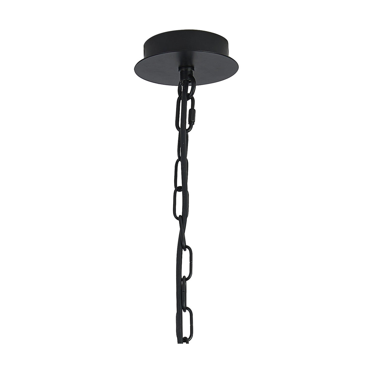 Banyan 3 Light E14 pendant light ceiling mount showing matt black rose and linked chain suspension against a plain white background.