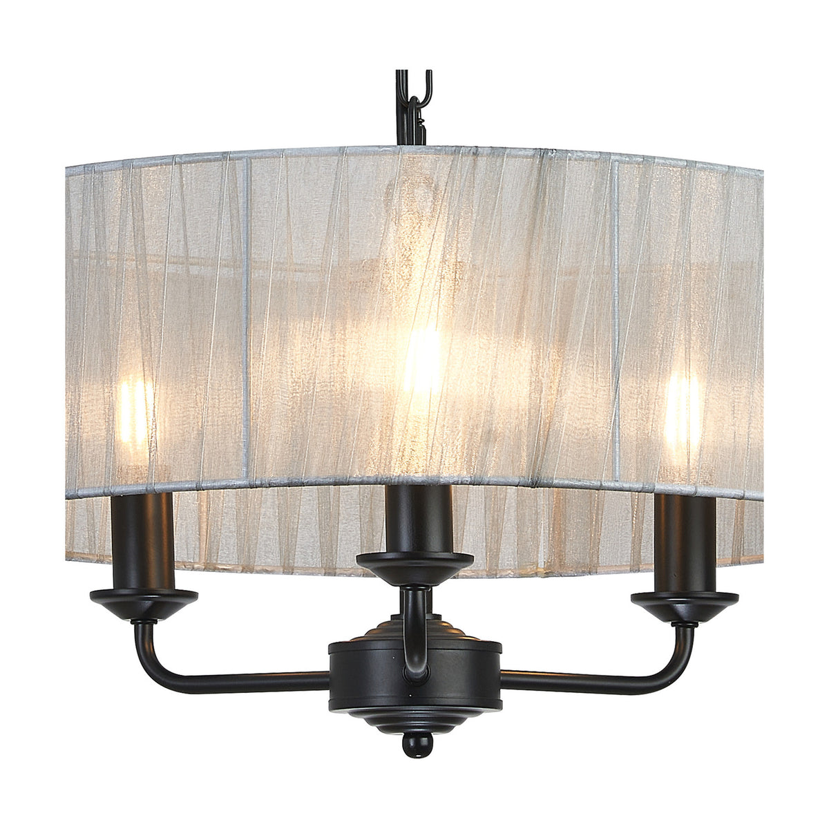 Banyan 3 Light E14 Pendant Light, 45cm grey organza drum shade with matt black frame and three curved arms holding candle-style bulbs, shown on a plain white background.