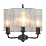 Banyan 3 Light E14 Pendant Light, 45cm grey organza drum shade with matt black frame and three curved arms holding candle-style bulbs, shown on a plain white background.
