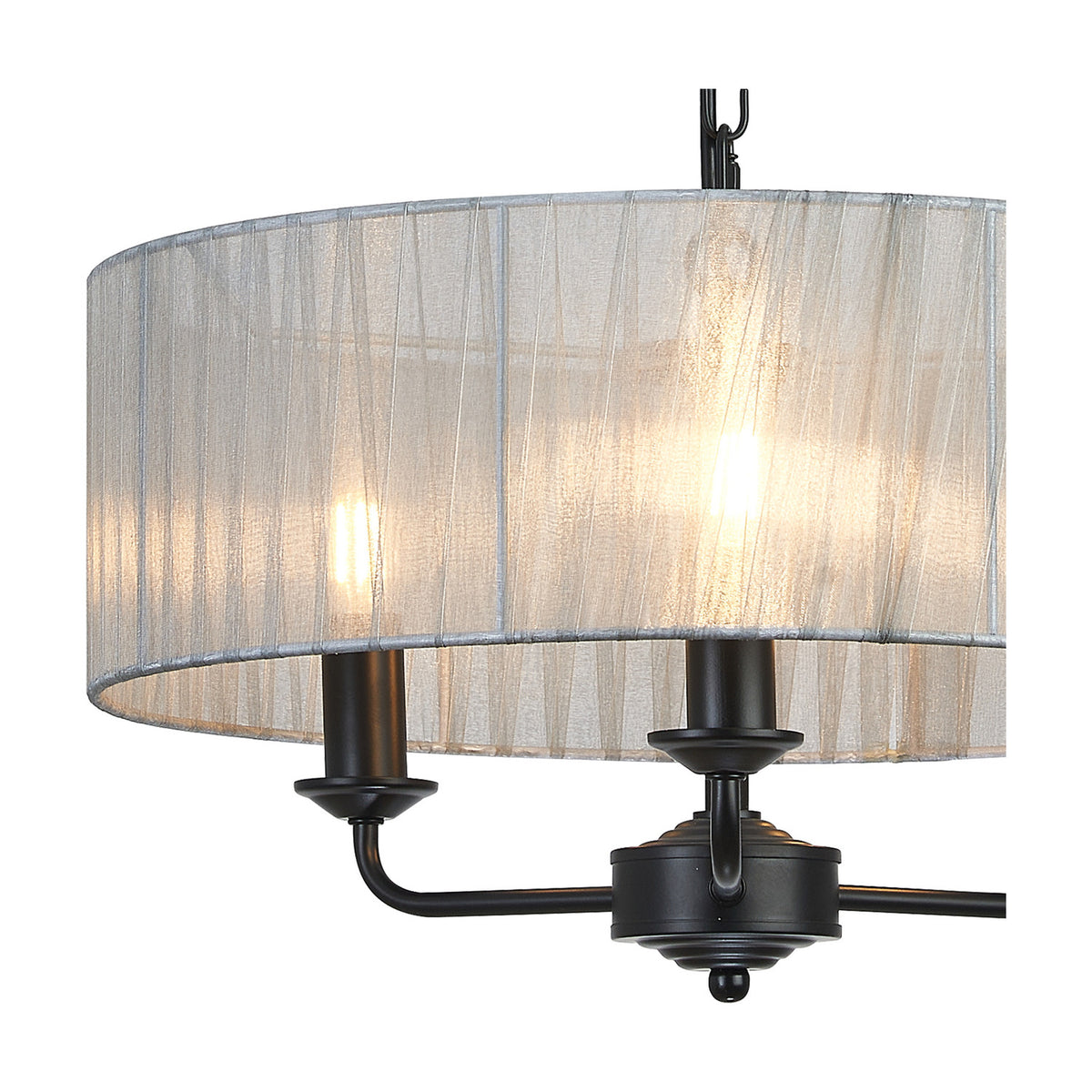 Banyan 3 Light E14 Pendant Light, close-up of matt black arms holding candle bulbs inside a wide grey organza drum shade, 45cm, on a plain white background.
