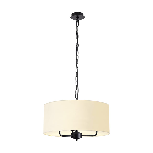 Banyan 3 Light E14 pendant light with a wide ivory pearl faux silk drum shade on matt black arms and chain, shown on a plain white background.