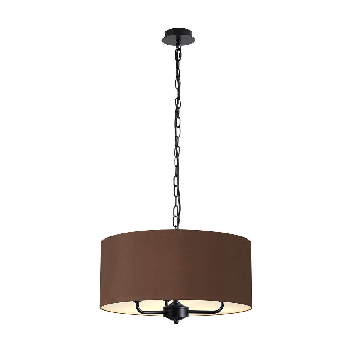 Banyan 3 Light E14 Pendant Light, 50cm raw cocoa fabric drum shade on a matt black frame with hanging chain, shown on a plain white background.