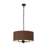 Banyan 3 Light E14 Pendant Light, 50cm raw cocoa fabric drum shade on a matt black frame with hanging chain, shown on a plain white background.