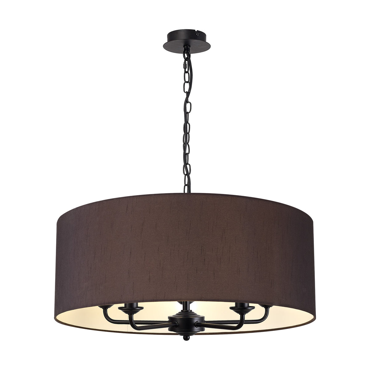 Banyan 5 Light E14 Fabric Pendant Light in matt black, a wide drum shade on a chain suspension with five candle-style arms visible beneath, shown on a plain white background.