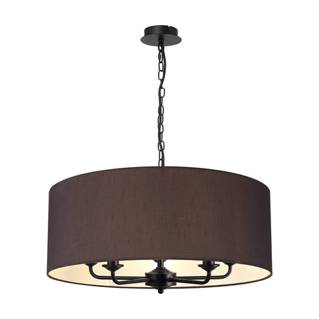 Banyan 5 Light E14 Fabric Pendant Light in matt black, a wide drum shade on a chain suspension with five candle-style arms visible beneath, shown on a plain white background.